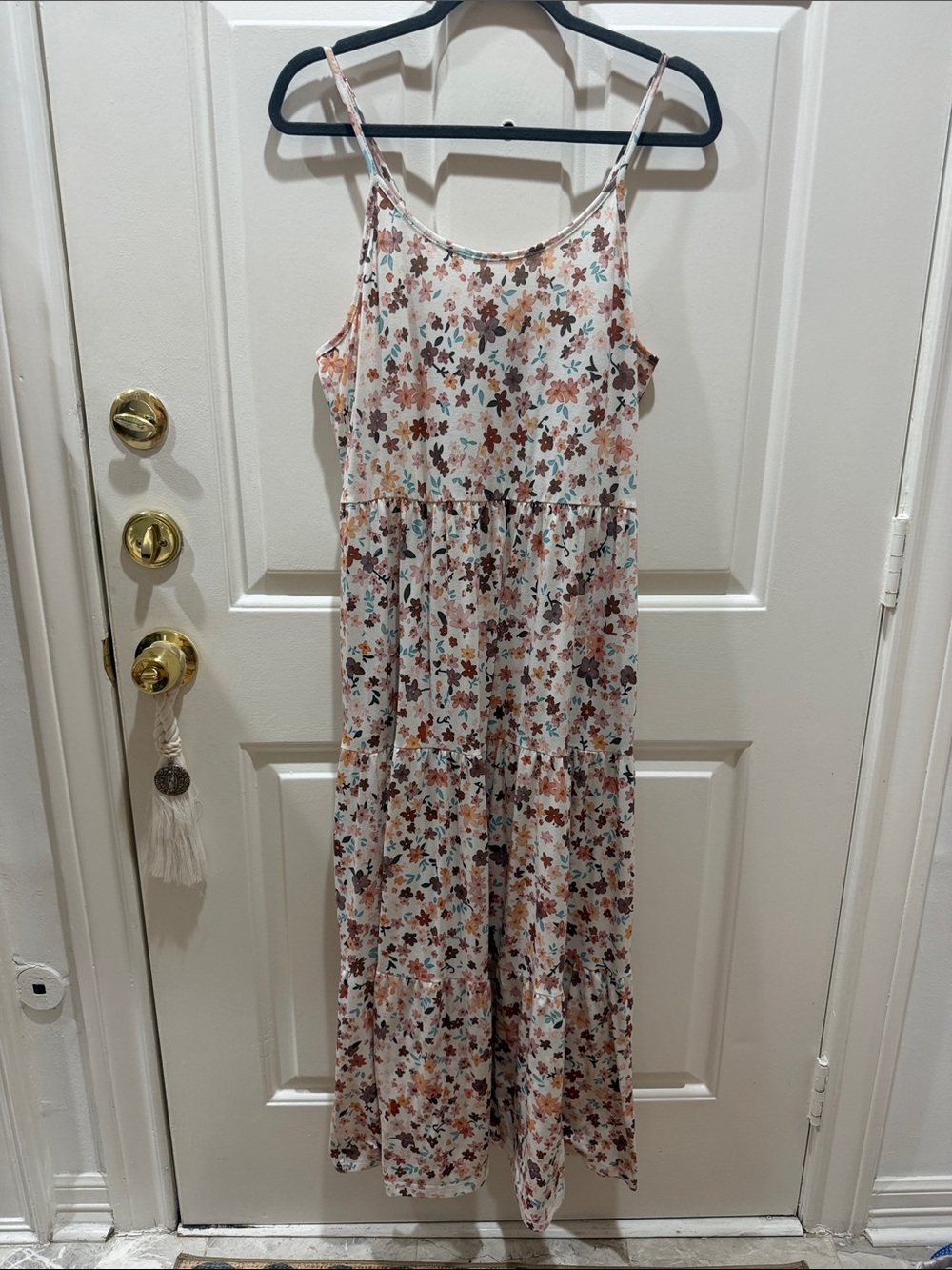 Amazon Floral Spaghetti-Strap Maxi Dress in Cream with Pink & Brown Flowers
